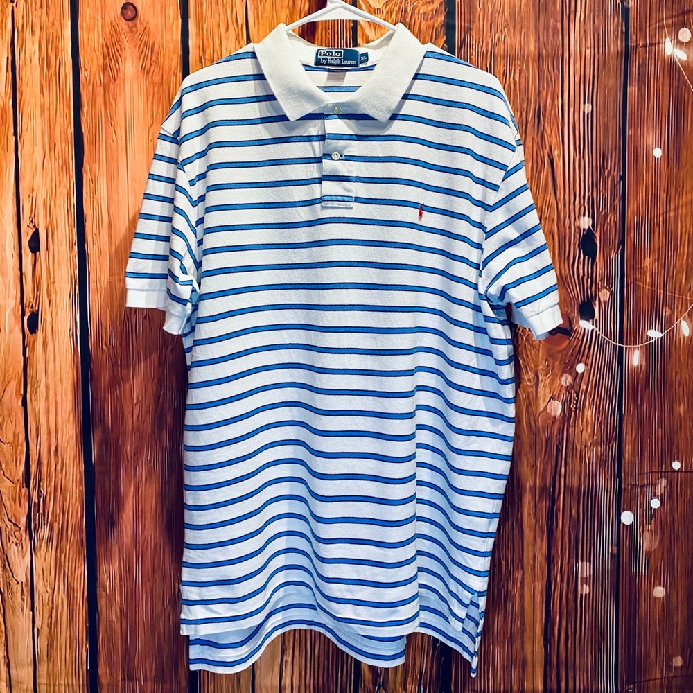Classic Ralph Lauren polo shirt in white with blue stripes versatile and stylish